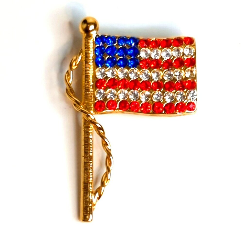 USA American Flag Brooch Pin Gold-Tone With Red/White/Blue Rhinestones Patriotic